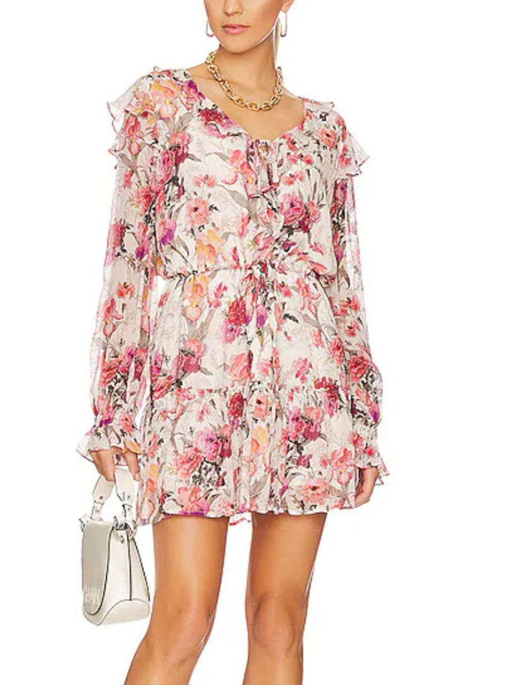 PAIGE 100% silk Cream Floral Ruffle Tie-Neck Tunic size S